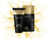 Туба и кутия на интимен гел Titan Gel Gold с фон на пръски, за повишена увереност и представяне.