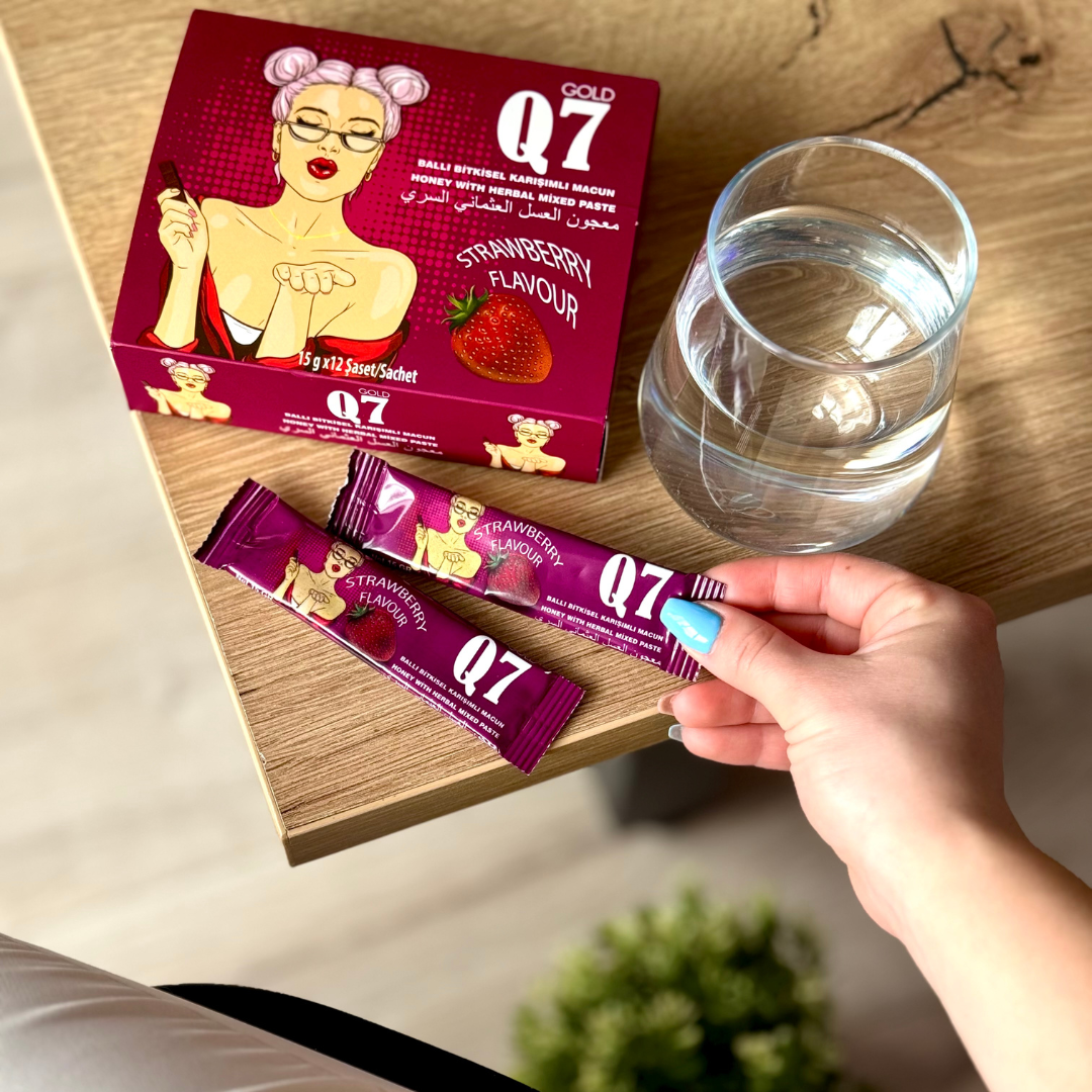 Епимедиум Маджун Q7 Gold за жени в ягодов вкус – опаковка и сашета, 12 сашета, женска енергия.