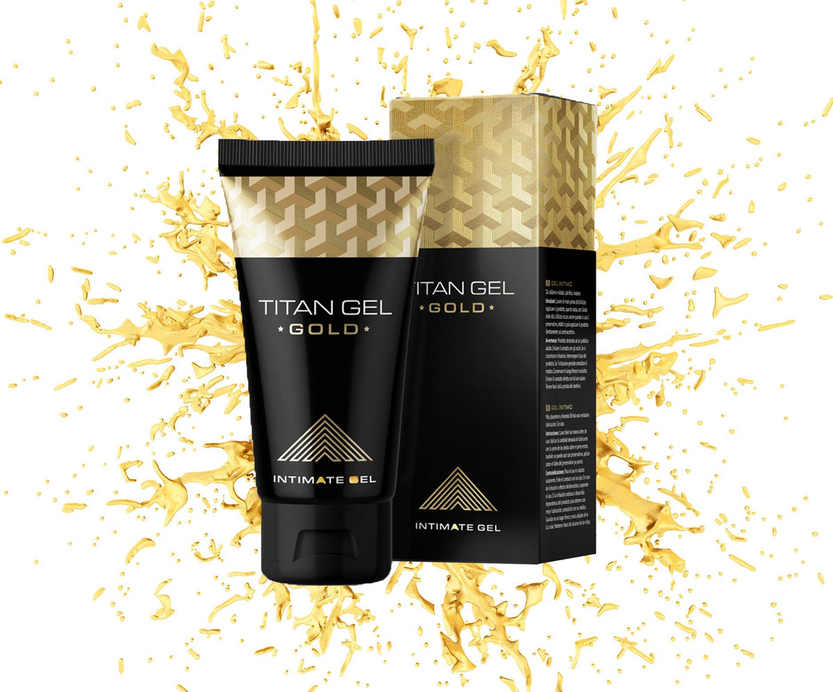 Туба и кутия на интимен гел Titan Gel Gold с фон на пръски, за повишена увереност и представяне.