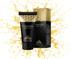 Туба и кутия на интимен гел Titan Gel Gold с фон на пръски, за повишена увереност и представяне.