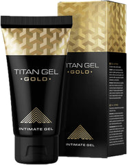 Туба и опаковка на интимен гел Titan Gel Gold, проектирани за повишена увереност и комфорт при лична употреба.